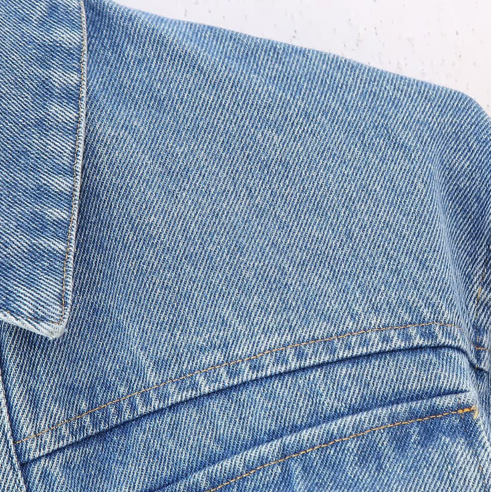 Women's Short Denim Jacket with Metallic Finish and Patch Chest Pockets Mune Fashion