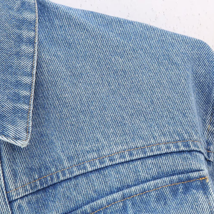 Women's Short Denim Jacket with Metallic Finish and Patch Chest Pockets Mune Fashion