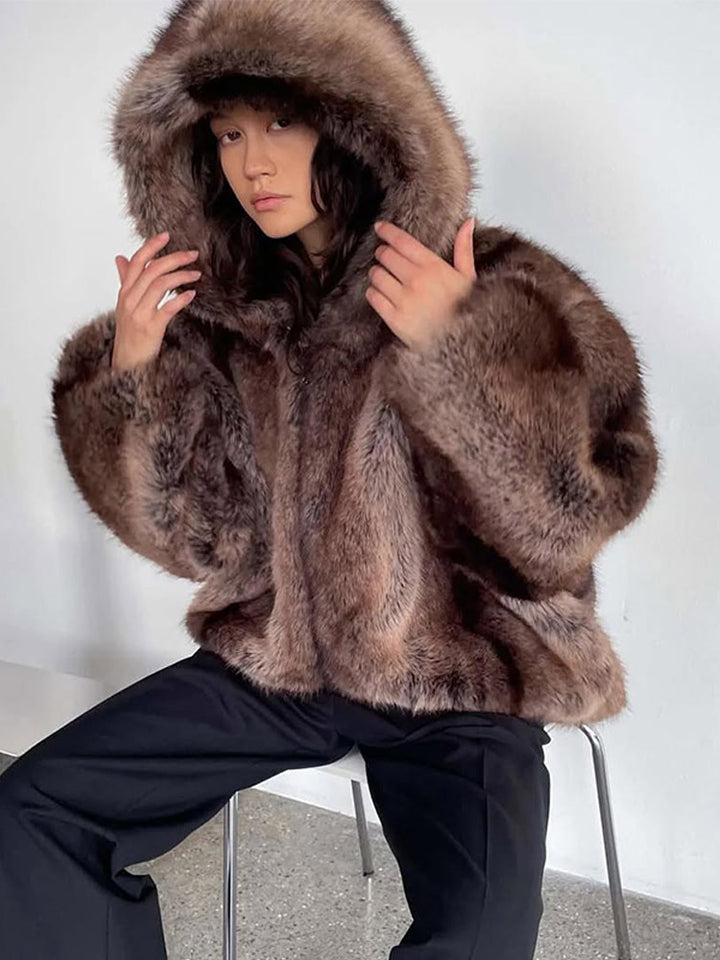 Women's Boxy Faux Fur Hoodie with Voluminous Hood and Loose Silhouette Mune Fashion