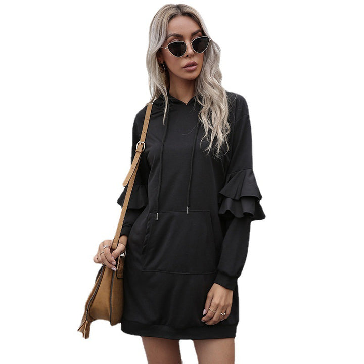 Women Oversize Hooded Dress with Two-Tier Ruffled Sleeves and Side Pocket Mune Fashion
