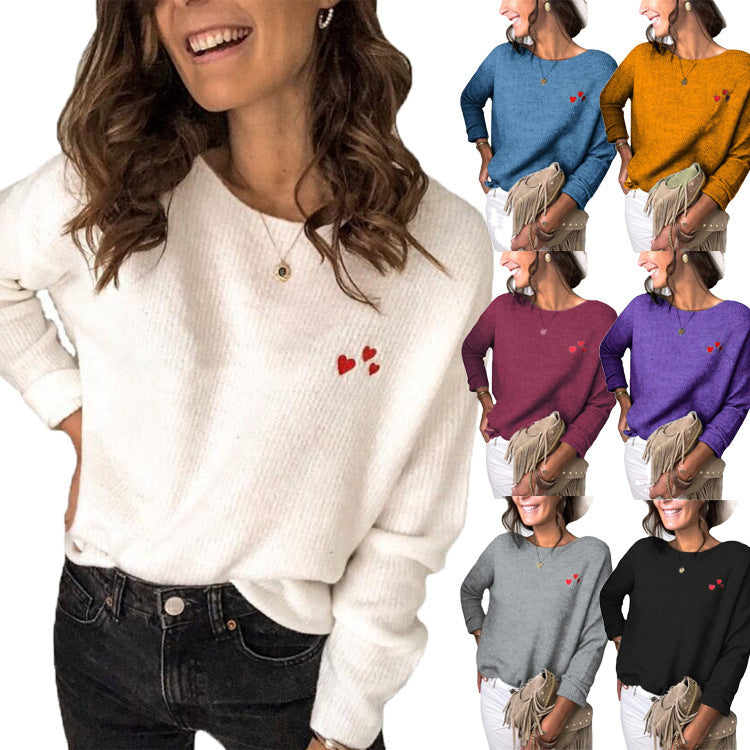 Ladies Oversize Knit Sweater with Heart Embroidery and Wide Boat Neck Drune