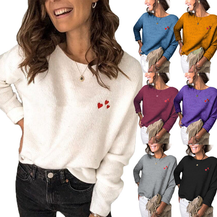 Ladies Oversize Knit Sweater with Heart Embroidery and Wide Boat Neck Drune