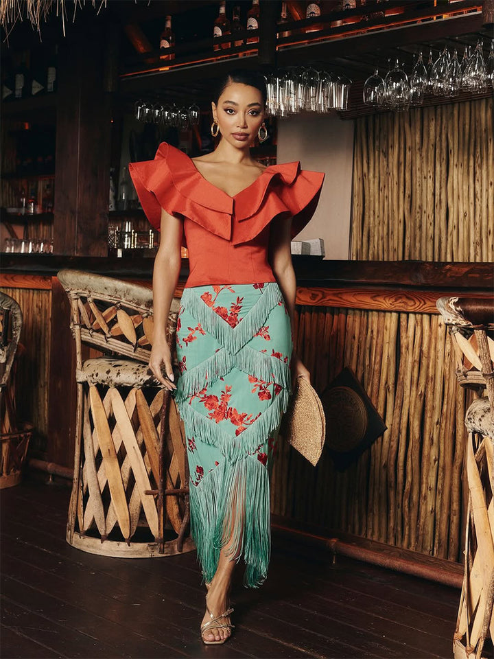 Women's Maxi Skirt with Floral Print & Layered Fringe Details Mune Fashion