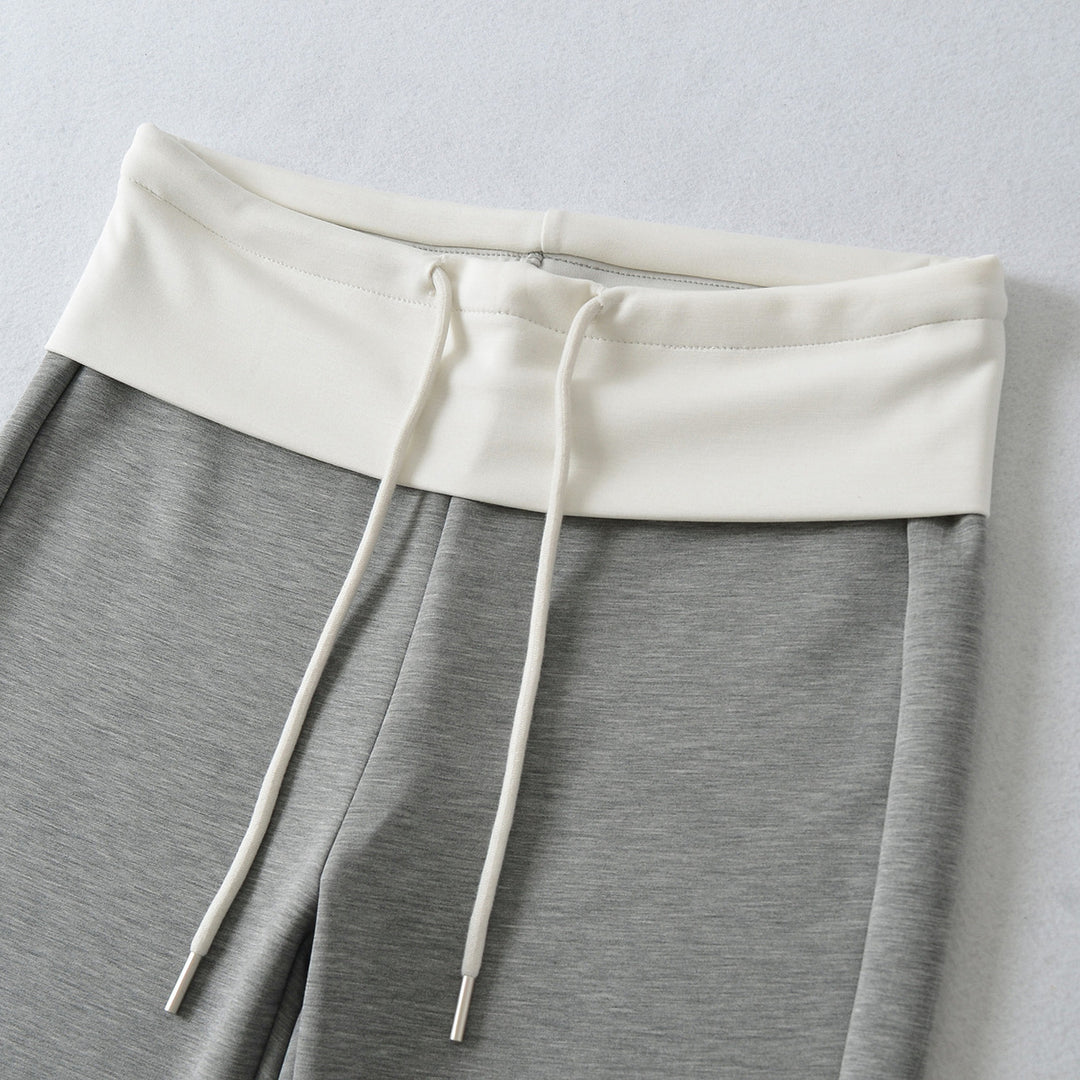 Women High-Waisted Flared Jogging Pants with Cuff Waistband and Drawstring