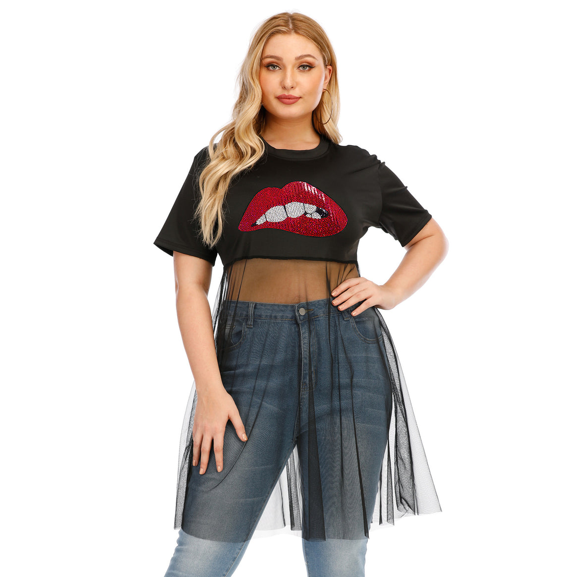 Women's fashionable crop top with transparent overlay and glitter trim Mune Fashion