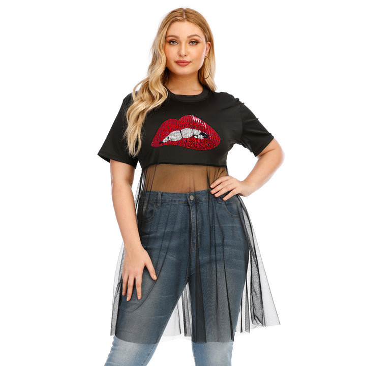 Women's fashionable crop top with transparent overlay and glitter trim Mune Fashion