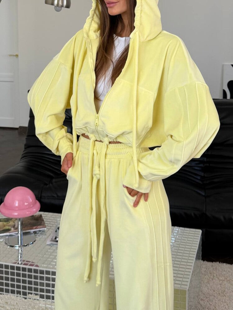 Women's Cropped Hoodie with Drawstring and Wide Split Pants Lounge Set Mune Fashion
