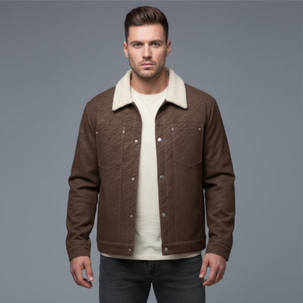 Men's Casual Sherpa-Lined Trucker Jacket with Faux Fur Collar Mune Fashion