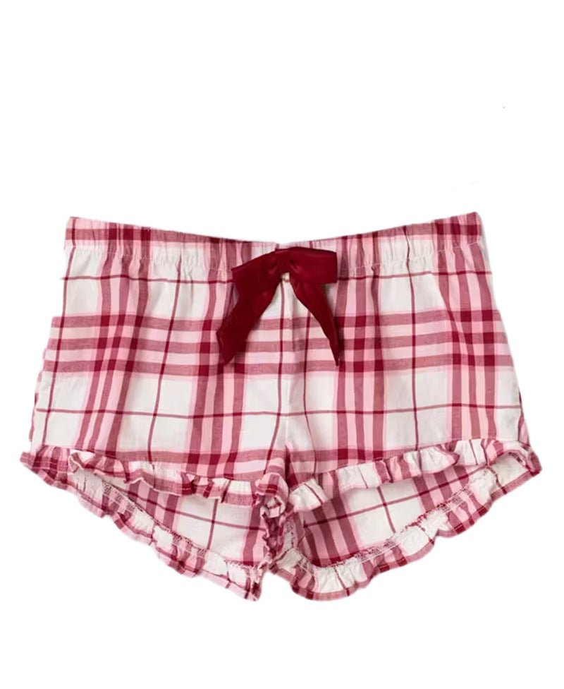 Women Checkered Spaghetti Strap Sleep Top with Gathered Underbust and Decorative Bow Mune Fashion