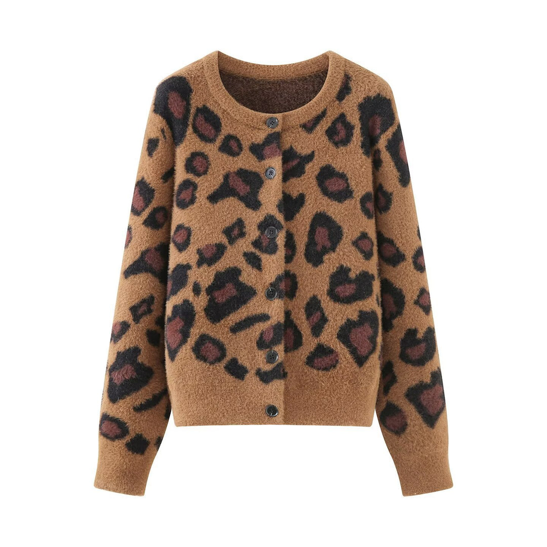 Women's fluffy cardigan in leopard print with round neckline and button placket Mune Fashion