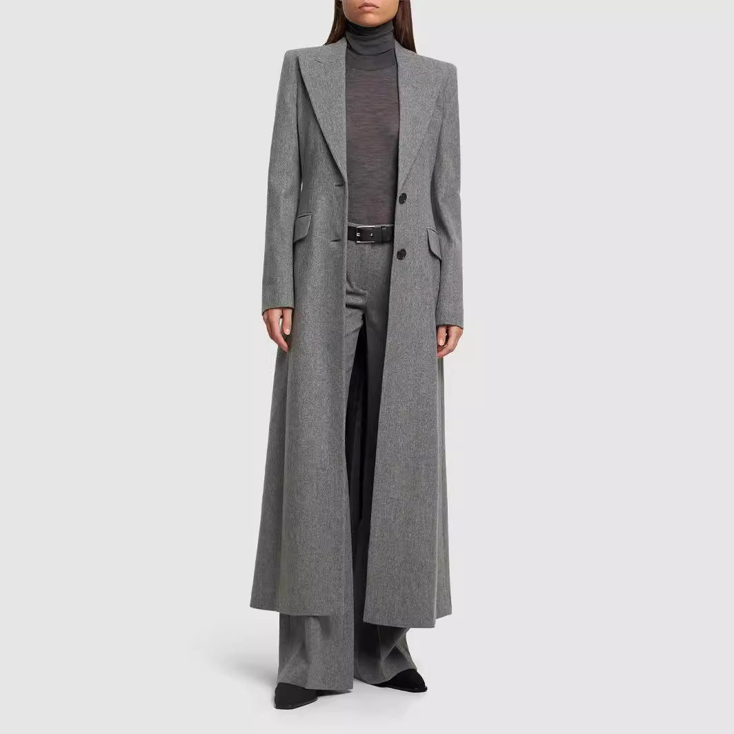 Women's Maxi Long Wool Blend Blazer Coat with Distinctive Shoulder Design Mune Fashion