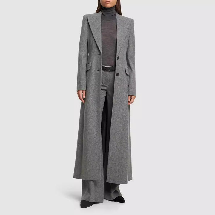 Women's Maxi Long Wool Blend Blazer Coat with Distinctive Shoulder Design Mune Fashion