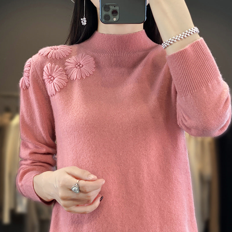 Women Soft Fine Knit Sweater with Short Stand-Up Collar, 3D Flower Application and Ribbed Cuffs Mune Fashion