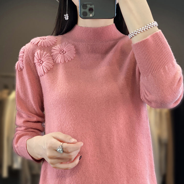 Women Soft Fine Knit Sweater with Short Stand-Up Collar, 3D Flower Application and Ribbed Cuffs Mune Fashion