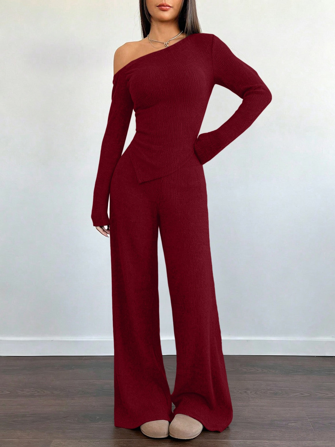 Women's Asymmetrical Knit Lounge Set with One-Shoulder Top and Wide Leg Mune Fashion