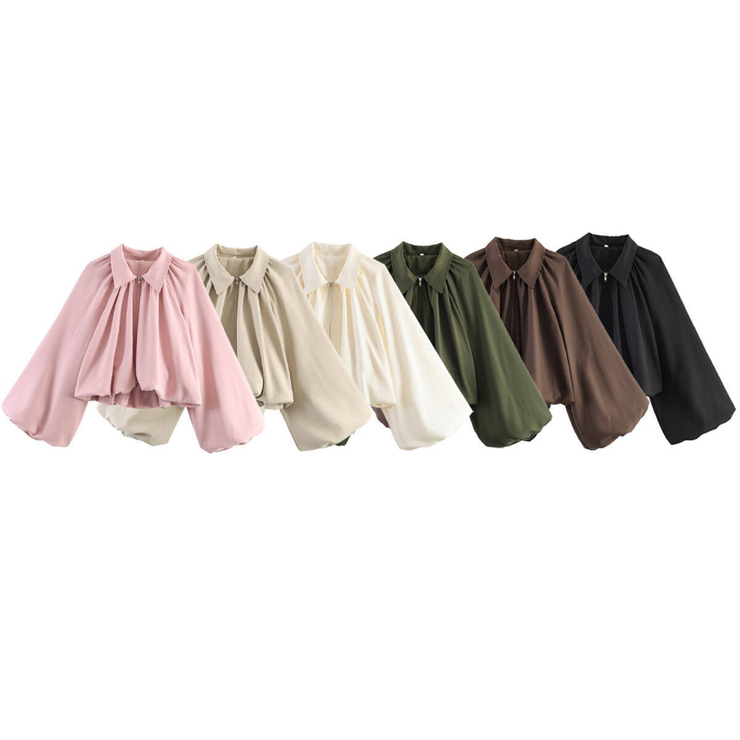 Women’s Short Cape Jacket with Voluminous Balloon Sleeves, Stand Collar and Zip Mune Fashion