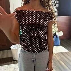 Women's Off-Shoulder Fitted Polka Dot Top with Gathered Side Seam Mune Fashion