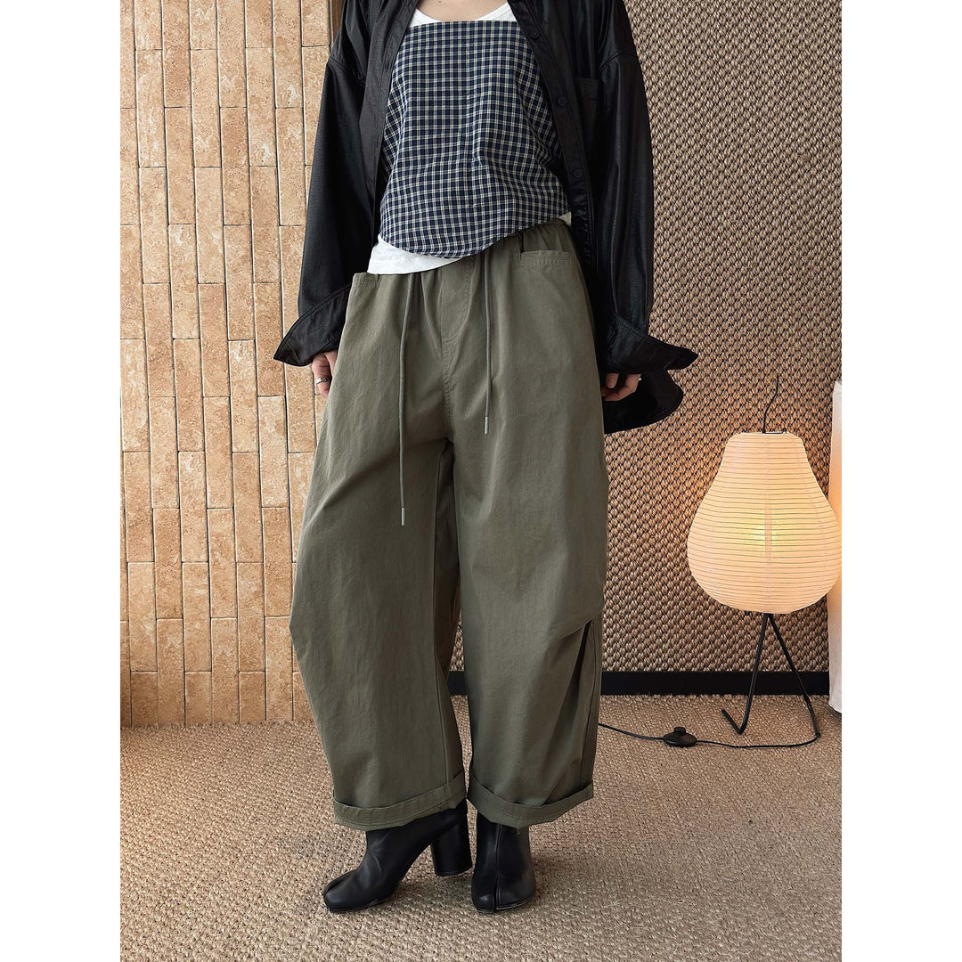 Women Wide High-Waist Cotton Pants with Drawstring and Cuffed Hem Mune Fashion