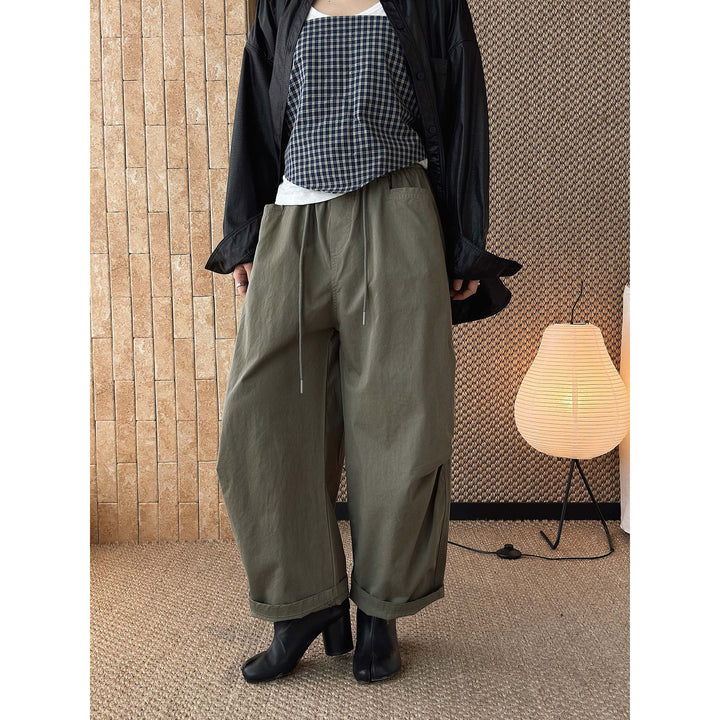 Women Wide High-Waist Cotton Pants with Drawstring and Cuffed Hem Mune Fashion