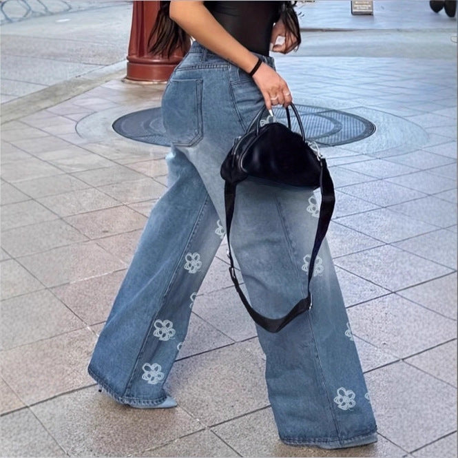 Ladies High-Waist Wide-Leg Denim Jeans with Floral Allover Embroidery Mune Fashion