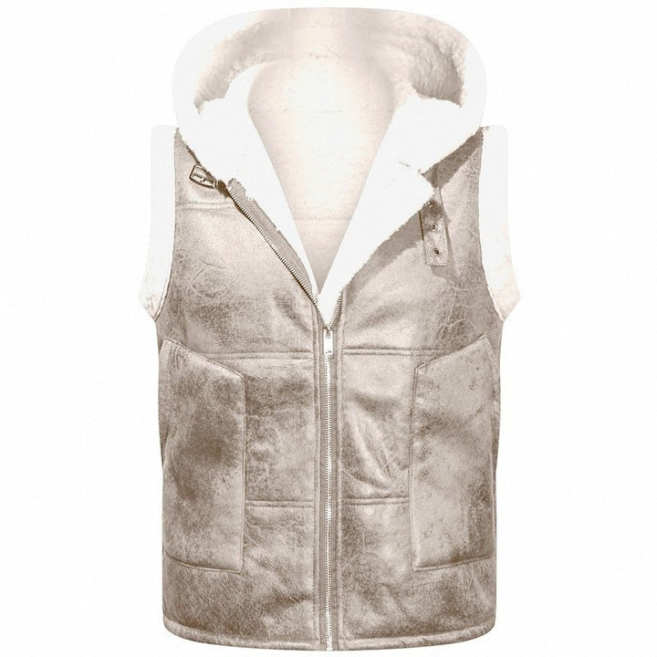 Men's Sleeveless Lambskin Imitation Vest with Hooded Collar and Front Pockets Mune Fashion