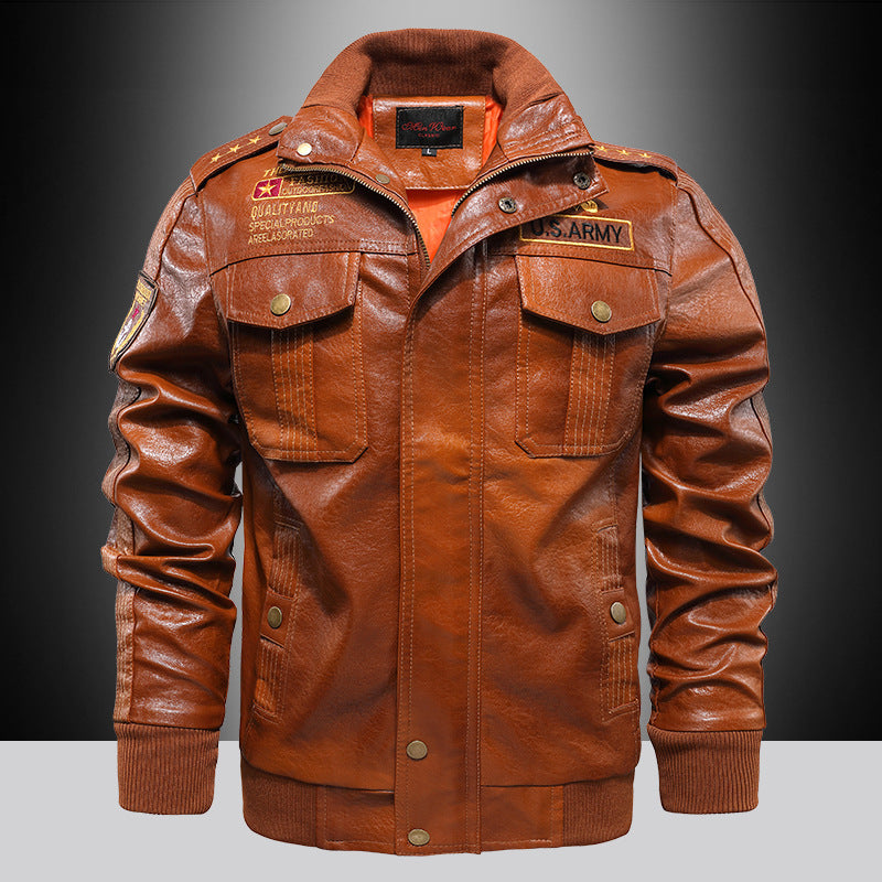 Men's Urban Pilot Leather Jacket in Military Look with Stand-up Collar and Shoulder Epaulettes Mune Fashion