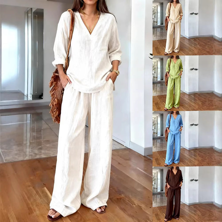 Women's lightweight linen look two-piece set with deep V-neck, loose 3/4 sleeves, and wide palazzo pants cut Mune Fashion
