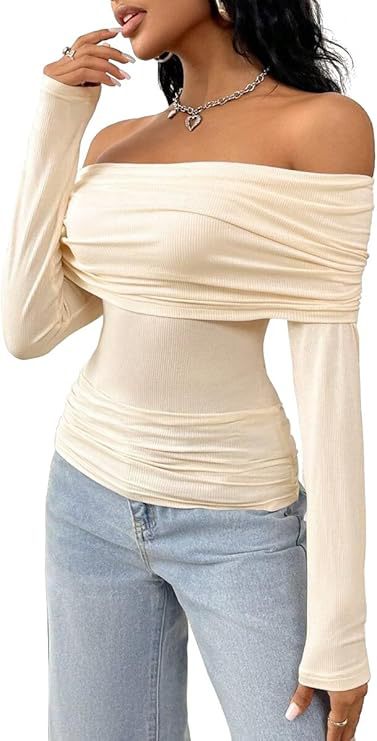 Women's Off-Shoulder Ribbed Long Sleeve with Wide Folded Collar and Fitted Silhouette Mune Fashion