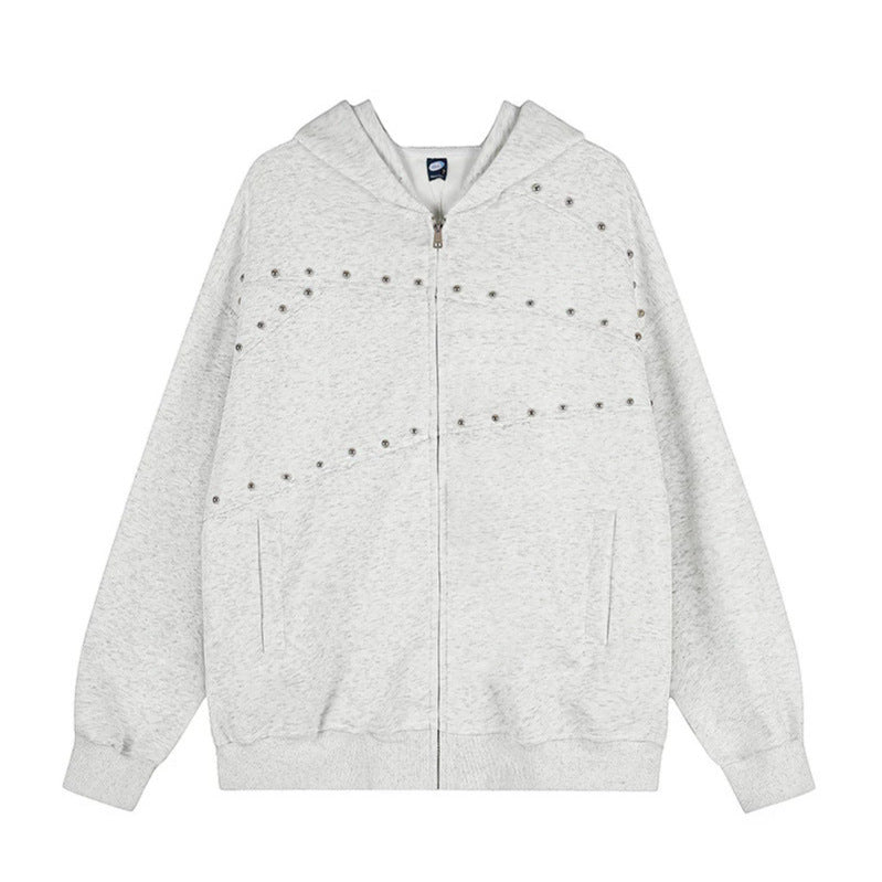 Women's oversized hoodie sweatshirt jacket in used look with stud decoration and full-length zipper Mune Fashion