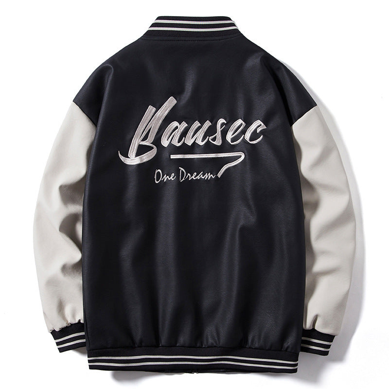 Men's Retro College Bomber Jacket made of Faux Leather with Embroidered Logos and Ribbed Hem Mune Fashion