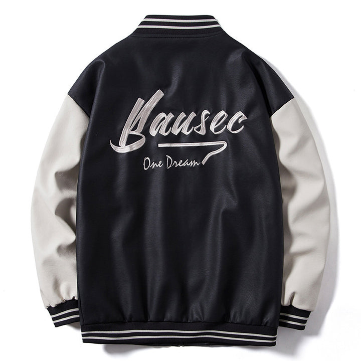 Men's Retro College Bomber Jacket made of Faux Leather with Embroidered Logos and Ribbed Hem Mune Fashion