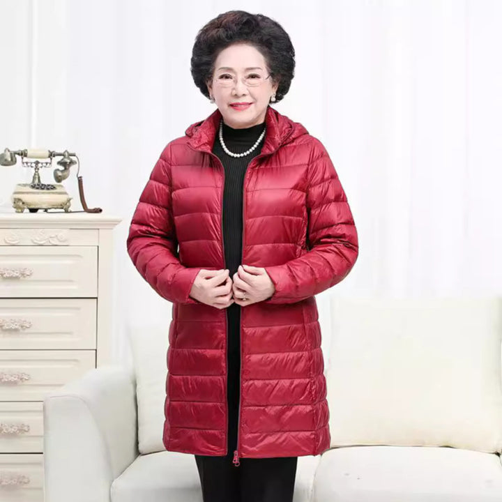 Women Long Cut Ultra-Light Thermal Parka with Contoured Silhouette and Hood Mune Fashion