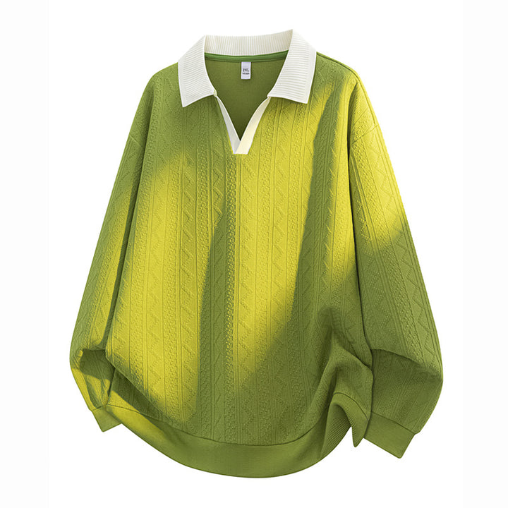 Men's Oversize Knit Polo with Textured Knit, Open V-Neck and Ribbed Collar Mune Fashion