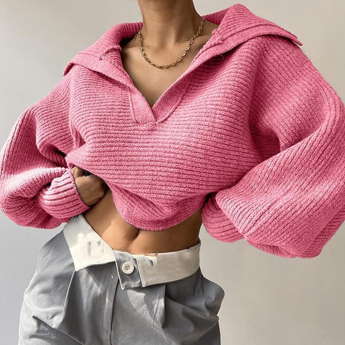 Women's chunky knit pullover with wide collar and V-neck Mune Fashion