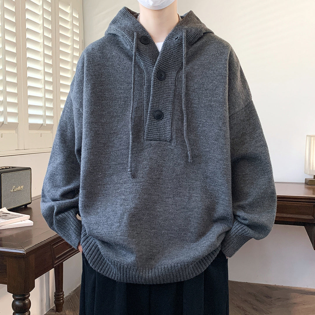 Unisex Oversize Knit Hoodie with Half Button Placket and Ribbed Cuffs Mune Fashion