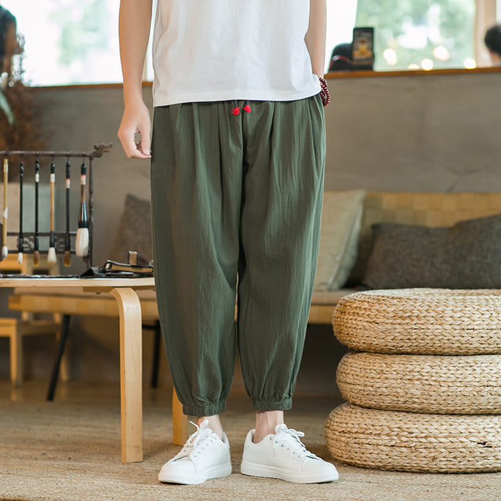 Men's loose harem pants with elastic waistband and decorative drawstring Mune Fashion