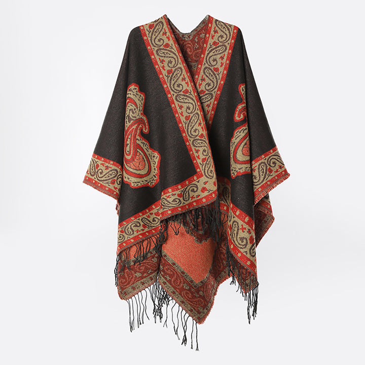 Women Soft Paisley-Jacquard Ruana Wrap with V-Neck and Fringes Mune Fashion