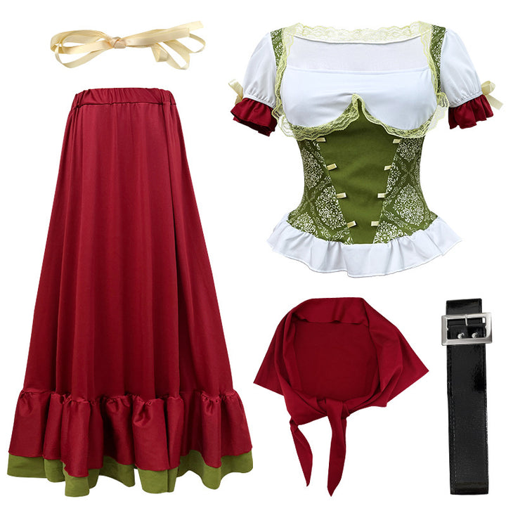 Women's traditional Dirndl costume dress ensemble with adjustable corset bodice and long tiered skirt Mune Fashion