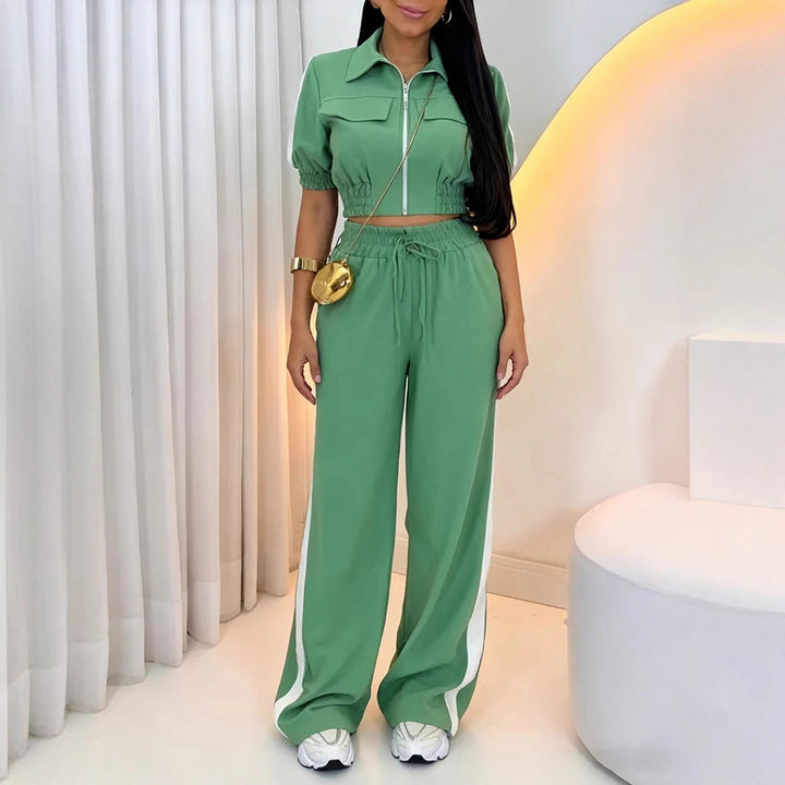Women's Casual Two-Piece Jumpsuit with Zipper, Short Sleeve and Wide Palazzo Pants Leg Drune