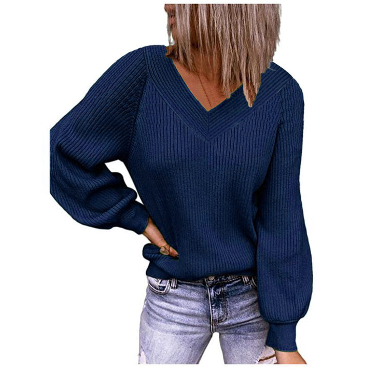 Women Ribbed V-Neck Sweater with Balloon Sleeves and Casual Fit Mune Fashion