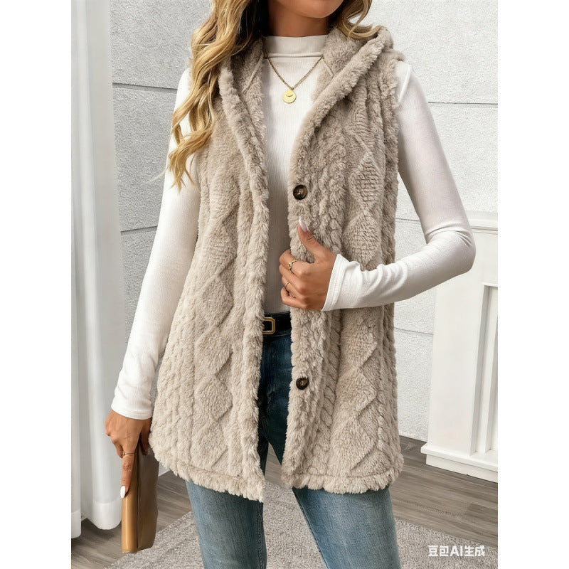 Women's Hooded Teddy Vest with Structured Cable Knit Pattern and Decorative Button Placket Mune Fashion