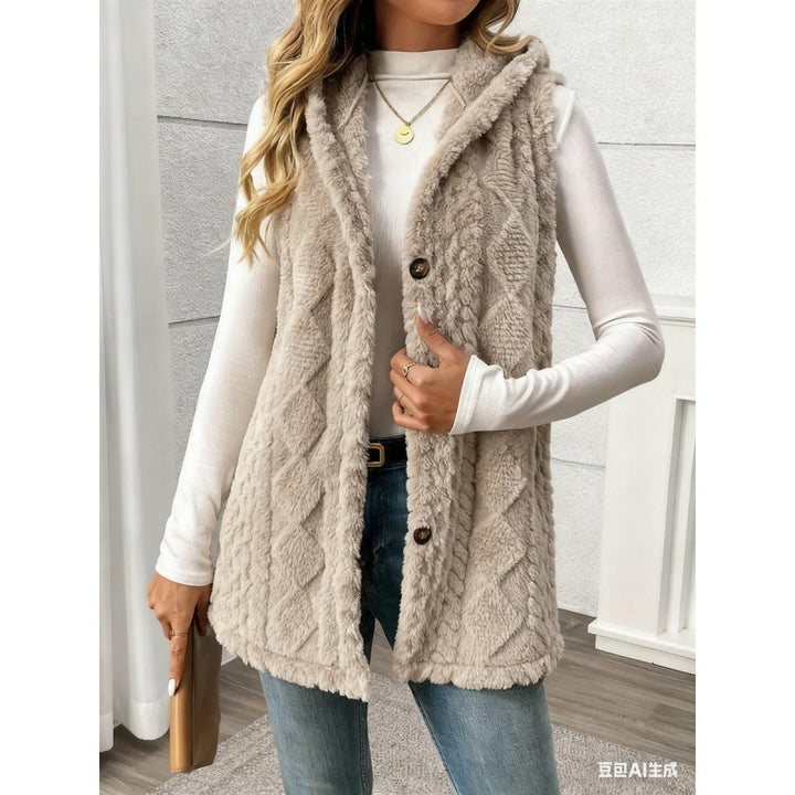 Women's Hooded Teddy Vest with Structured Cable Knit Pattern and Decorative Button Placket Mune Fashion