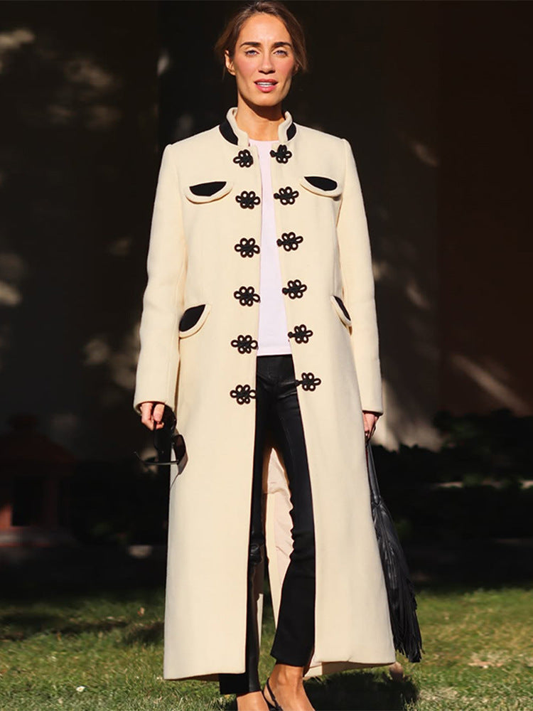 Women's maxi length tailored wool blend coat with stand-up collar and decorative frog closures Mune Fashion