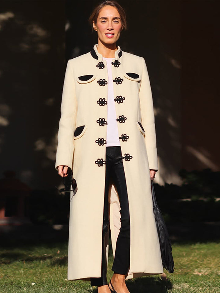 Women's maxi length tailored wool blend coat with stand-up collar and decorative frog closures Mune Fashion