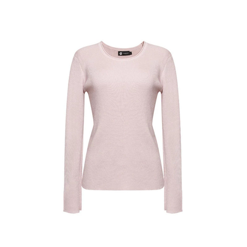 Women's fine knit sweater with round neckline, slim silhouette, and decorative button sleeves Mune Fashion