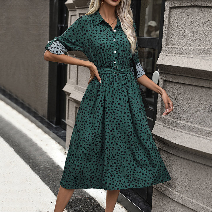 Women's Long-Sleeved Shirt Dress with Belt and Dots Mune Fashion
