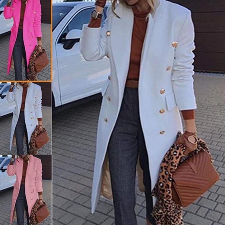 Women's fitted double-breasted wool blend coat with decorative jewel buttons and long silhouette Mune Fashion