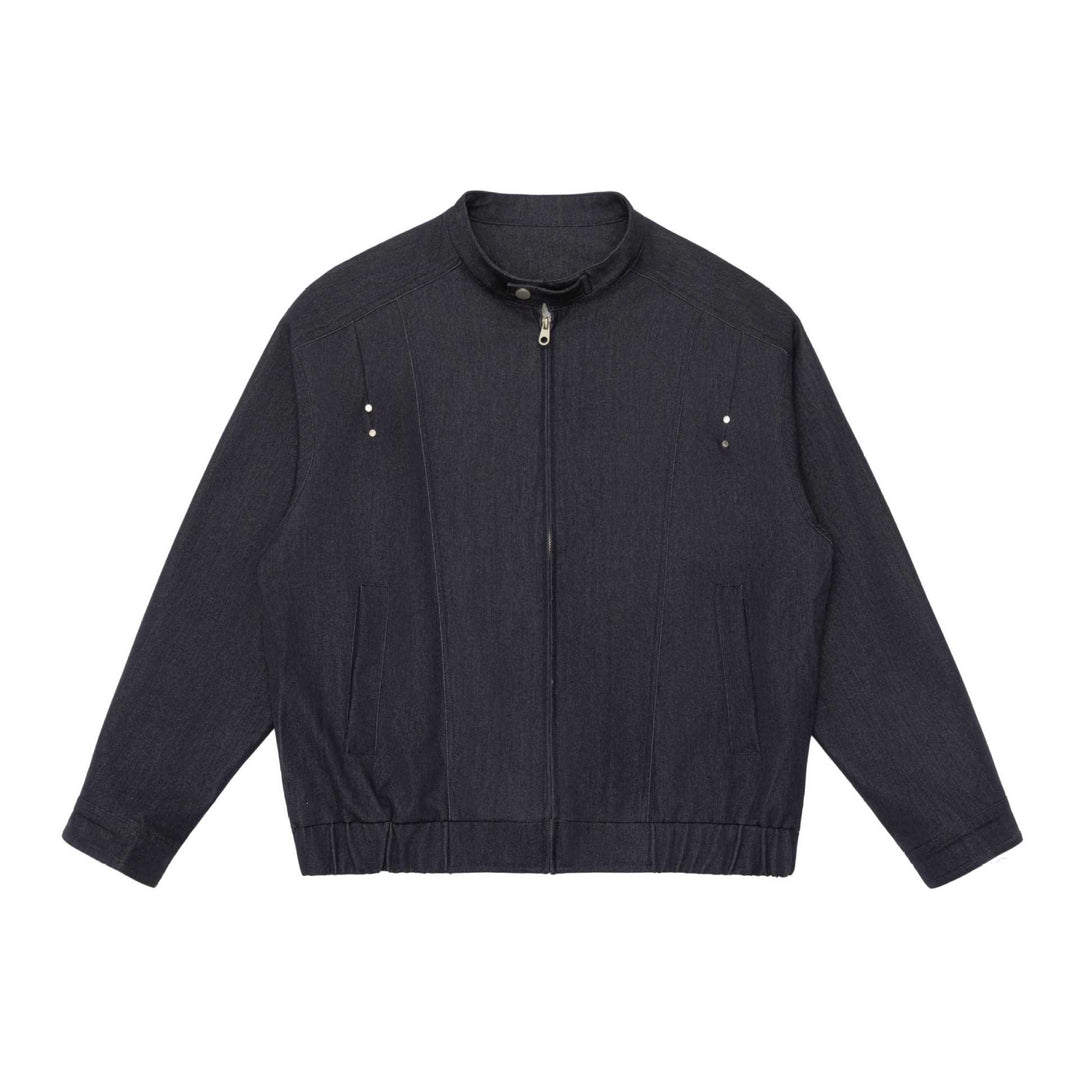 Unisex Short Cut Denim Utility Jacket with Funnel Neck and Drawstring Hem Mune Fashion