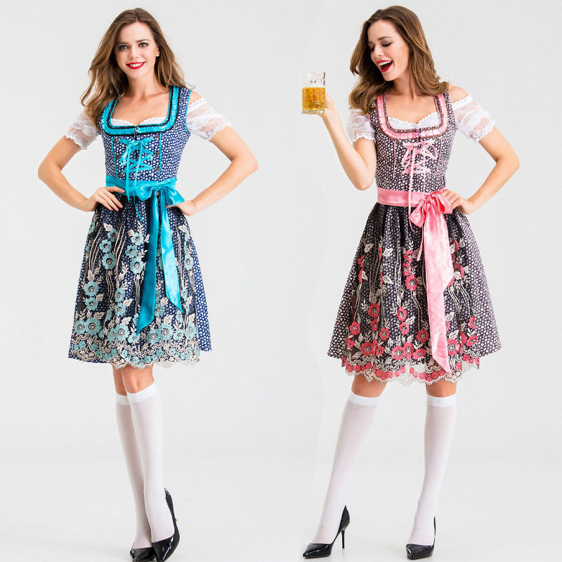 Ladies' traditional short dirndl with lace sleeves, lacing and floral apron Mune Fashion