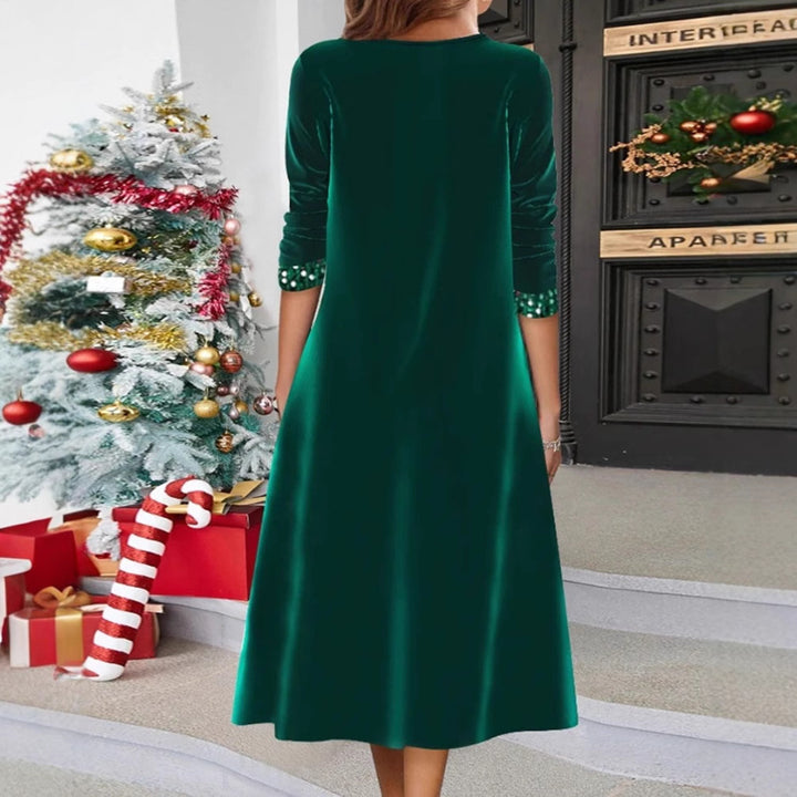 Women's festive sequin panel maxi dress with V-neck long sleeves and decorative waist belts Mune Fashion